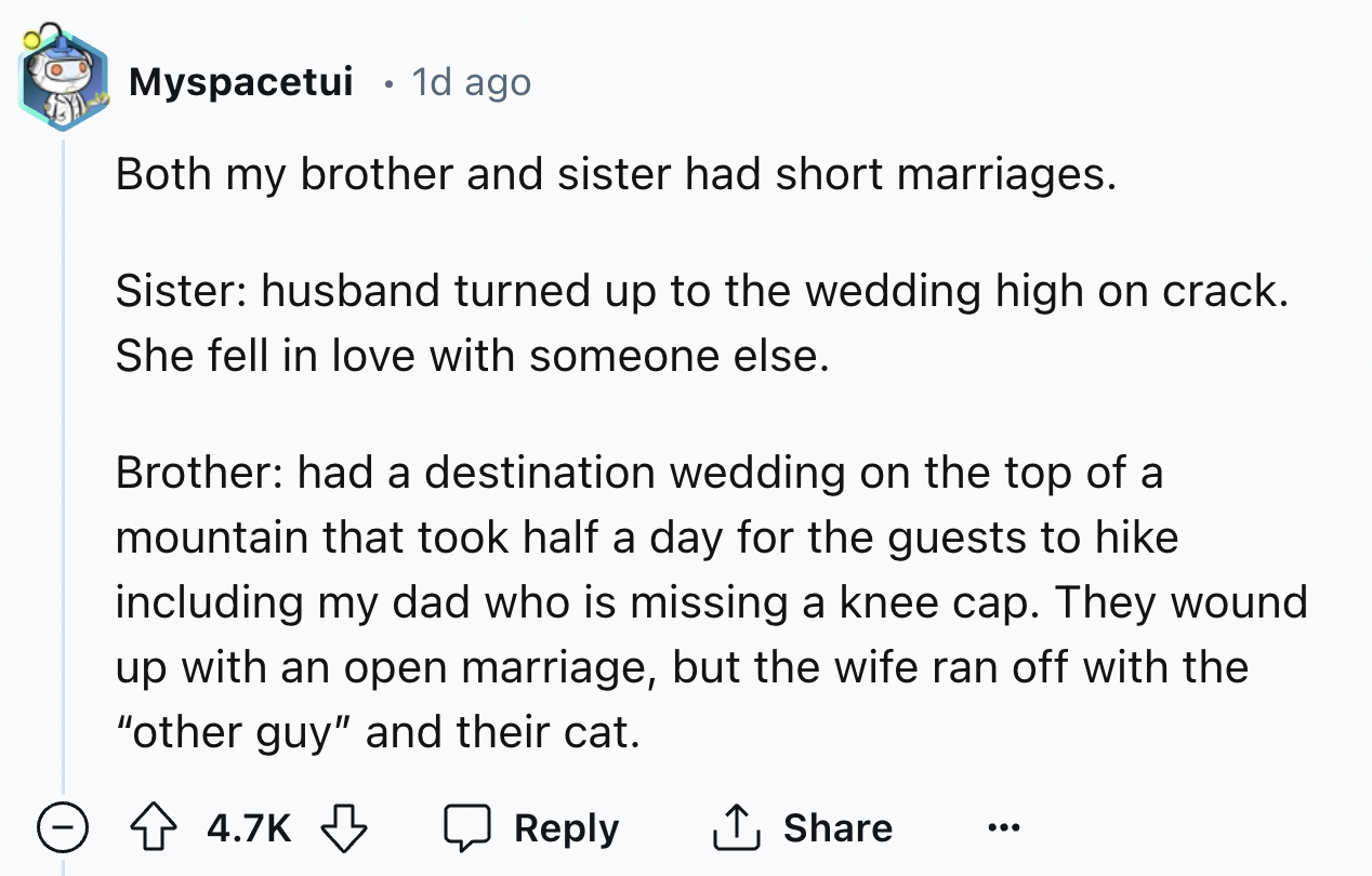 number - . Myspacetui 1d ago Both my brother and sister had short marriages. Sister husband turned up to the wedding high on crack. She fell in love with someone else. Brother had a destination wedding on the top of a mountain that took half a day for the